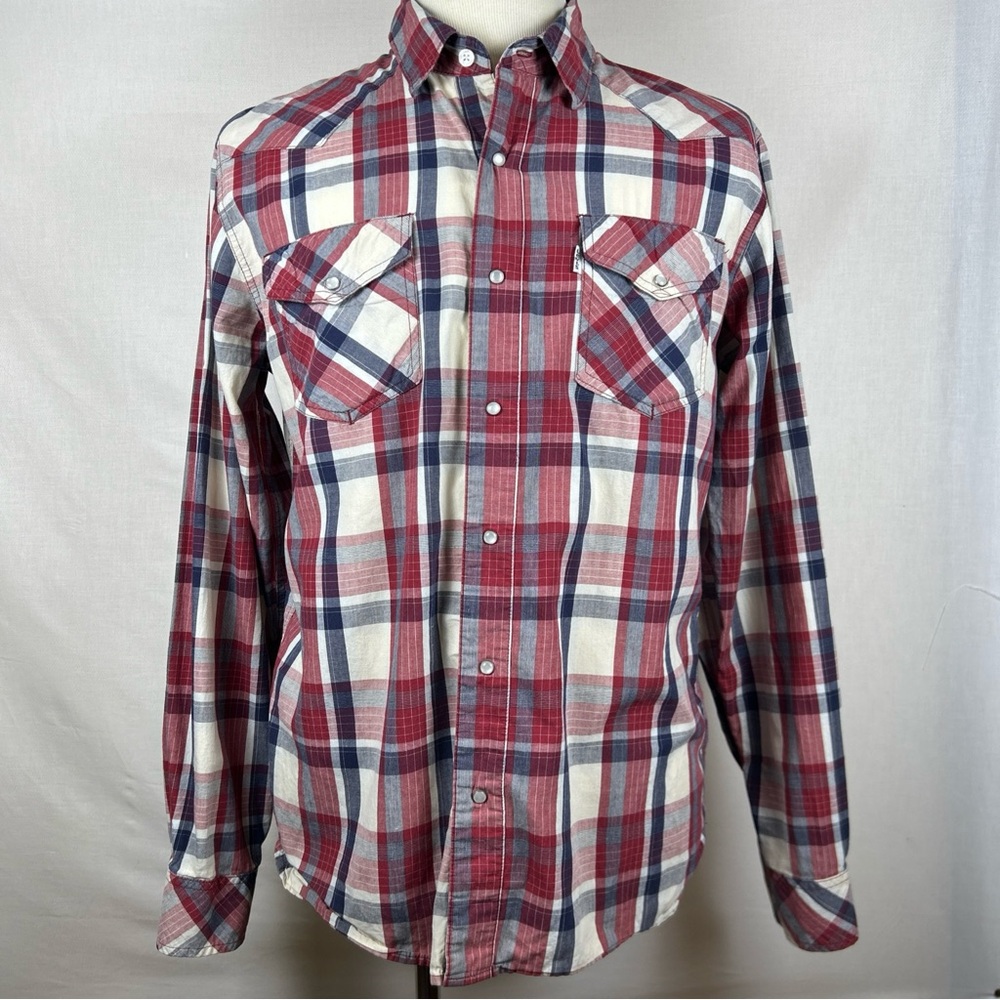 Levi’s plaid shirt men’s large red white western rodeo long sleeve pockets